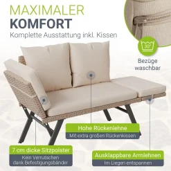 Polyrattan Multifunktionsbank Calvia Schwarz/Grau/Creme