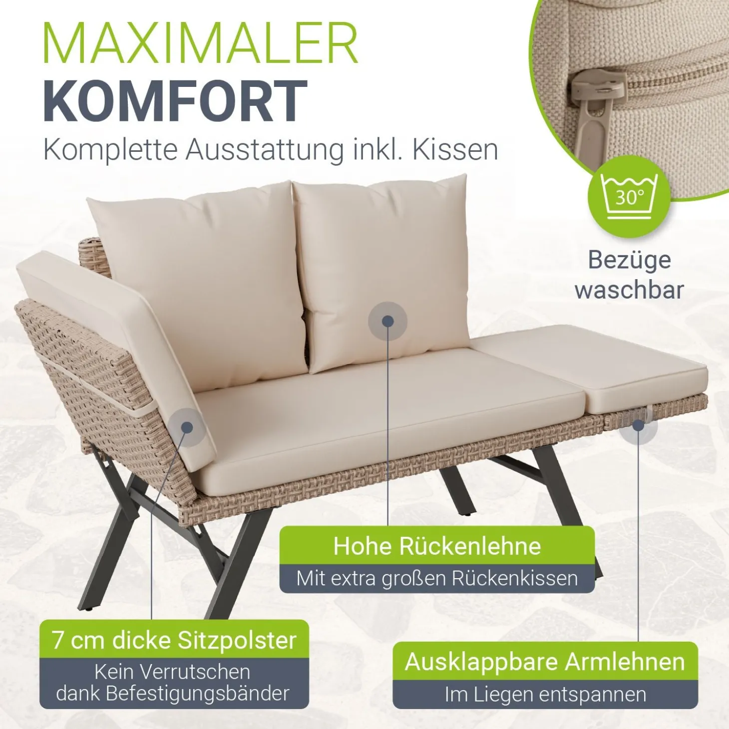 Polyrattan Multifunktionsbank Calvia Schwarz/Grau/Creme