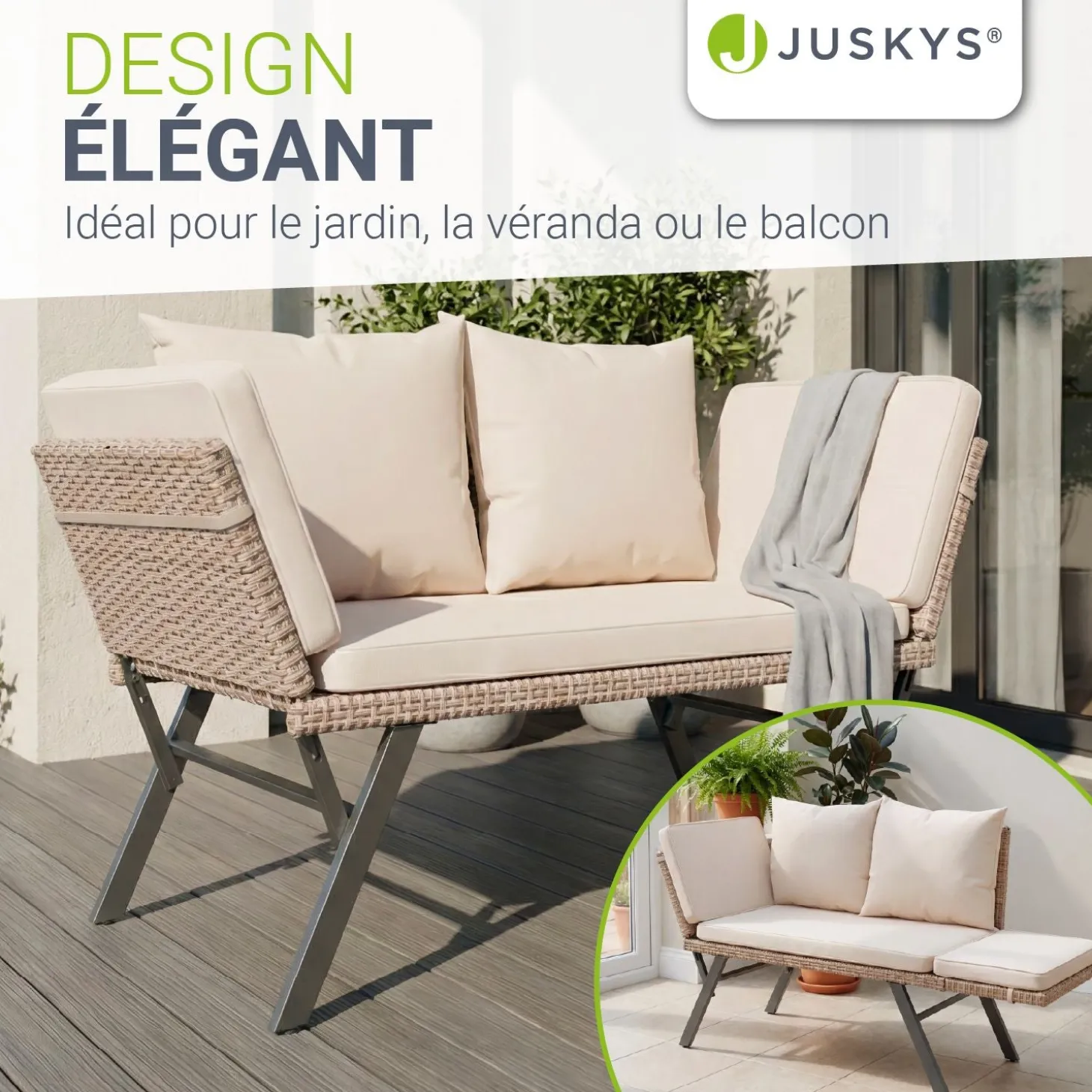 Polyrattan Multifunktionsbank Calvia Schwarz/Grau/Creme