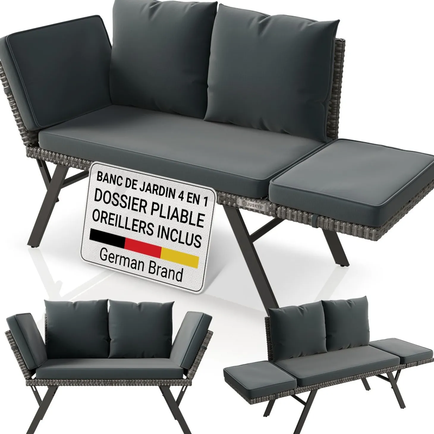 Polyrattan Multifunktionsbank Calvia Schwarz/Grau/Creme