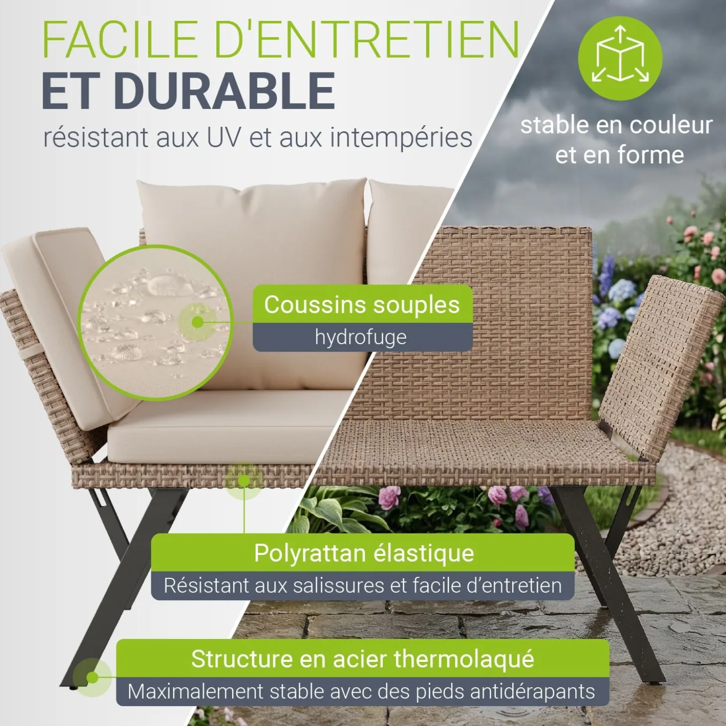Polyrattan Multifunktionsbank Calvia Schwarz/Grau/Creme