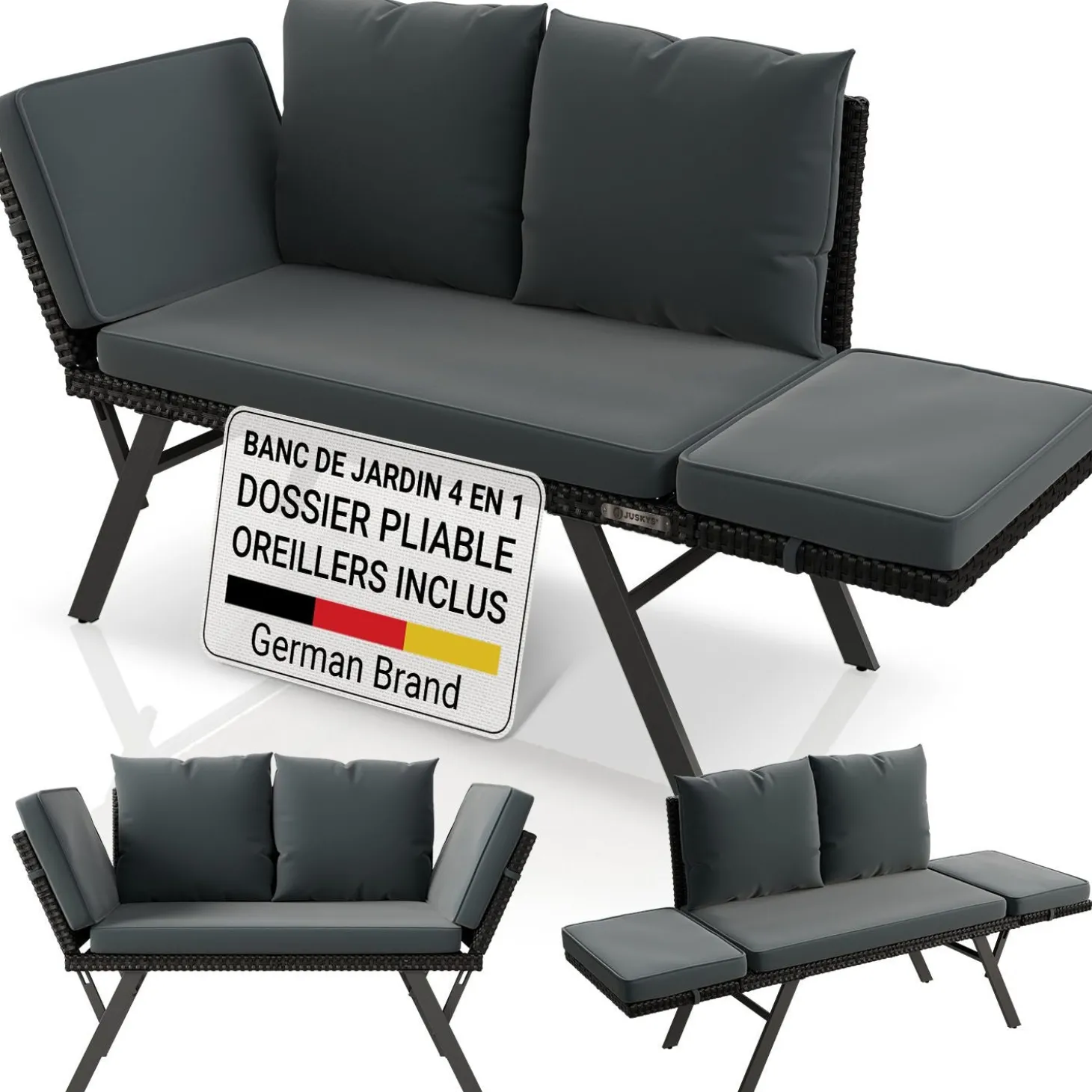 Polyrattan Multifunktionsbank Calvia Schwarz/Grau/Creme