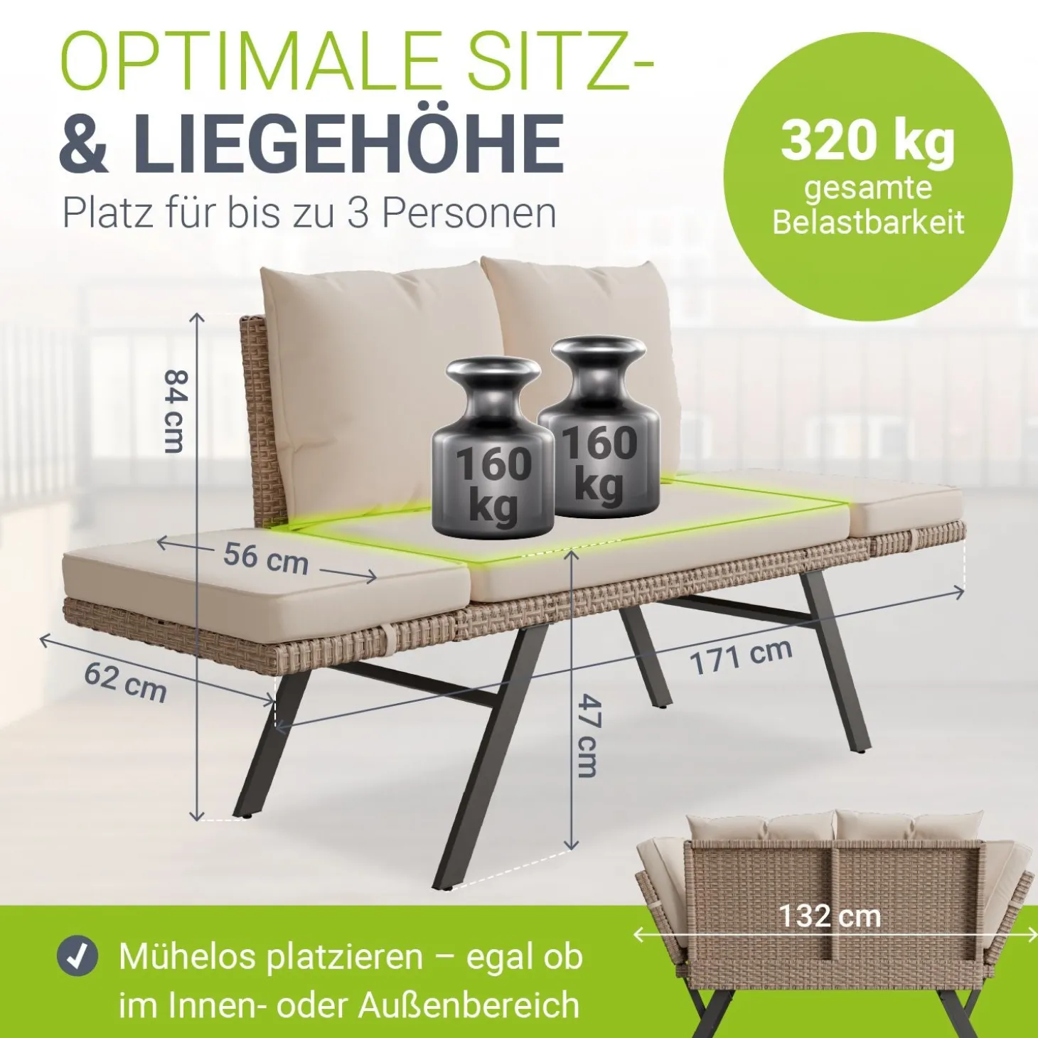 Polyrattan Multifunktionsbank Calvia Schwarz/Grau/Creme