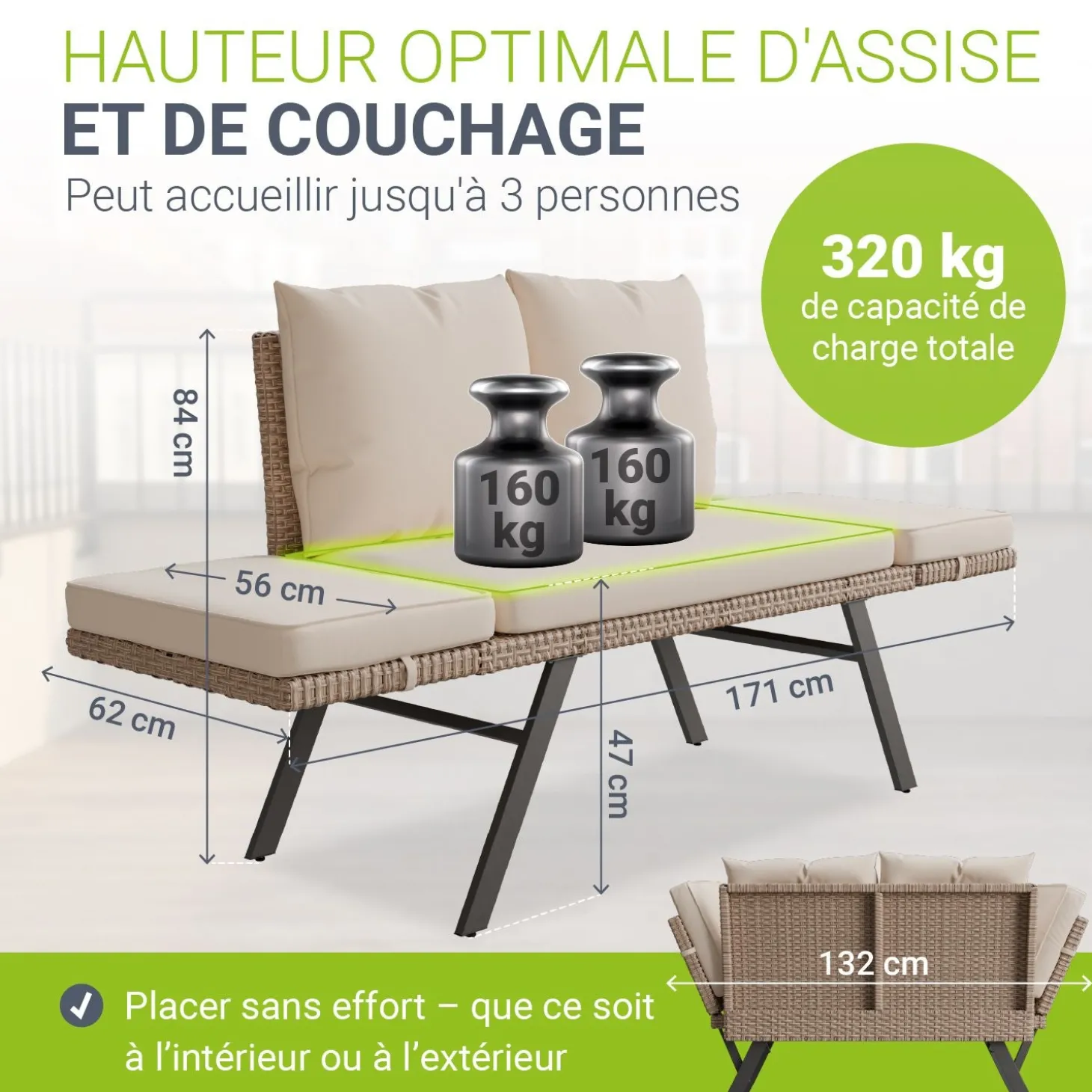 Polyrattan Multifunktionsbank Calvia Schwarz/Grau/Creme