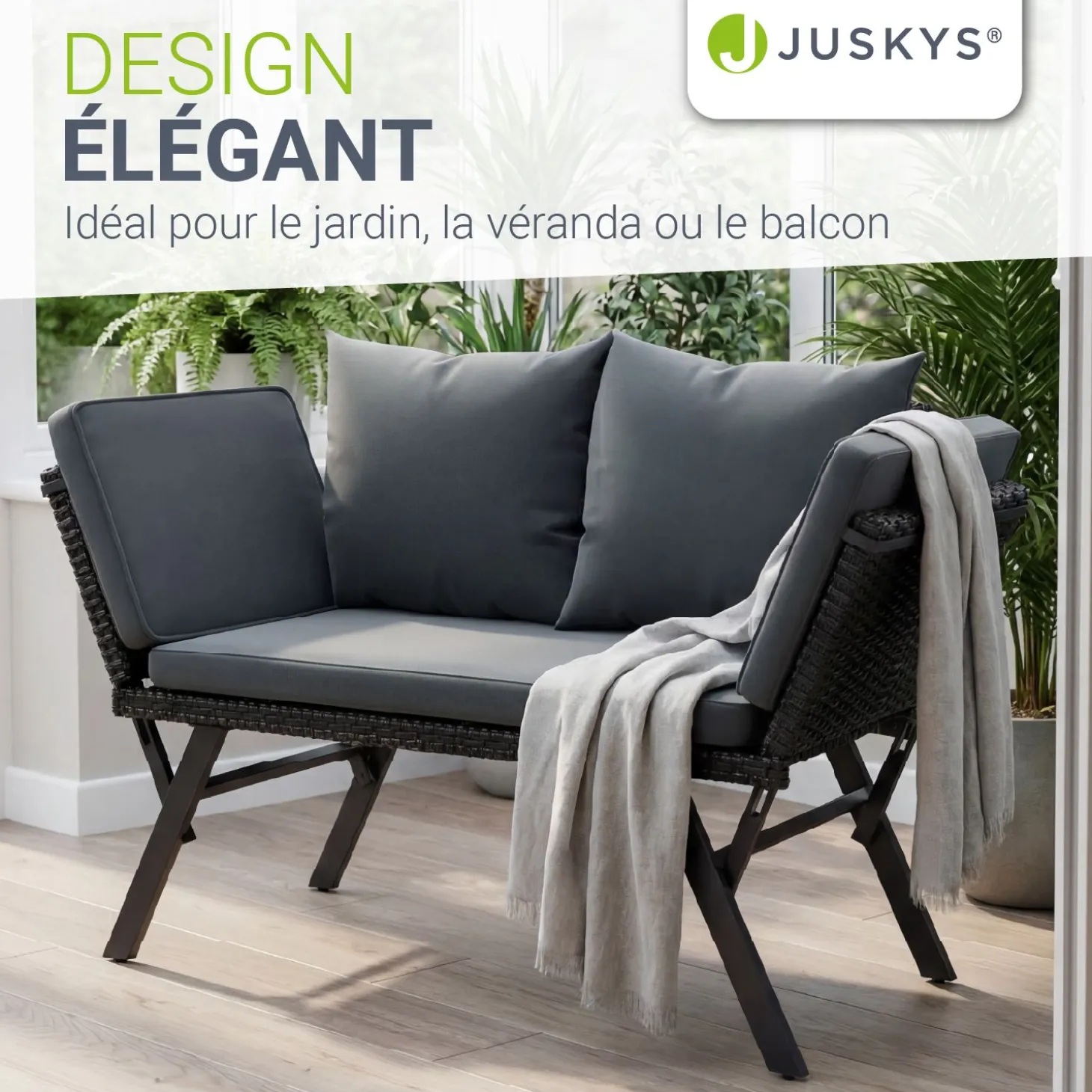 Polyrattan Multifunktionsbank Calvia Schwarz/Grau/Creme
