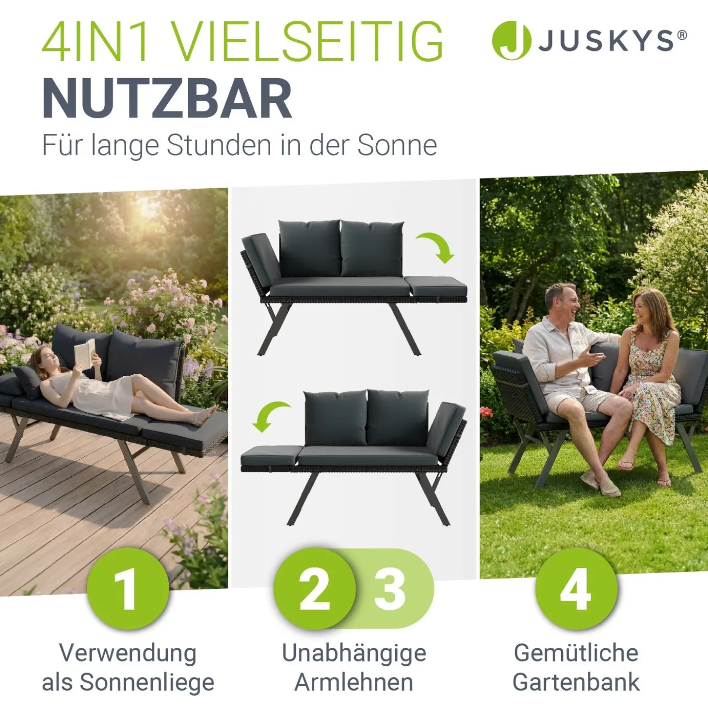 Polyrattan Multifunktionsbank Calvia Schwarz/Grau/Creme