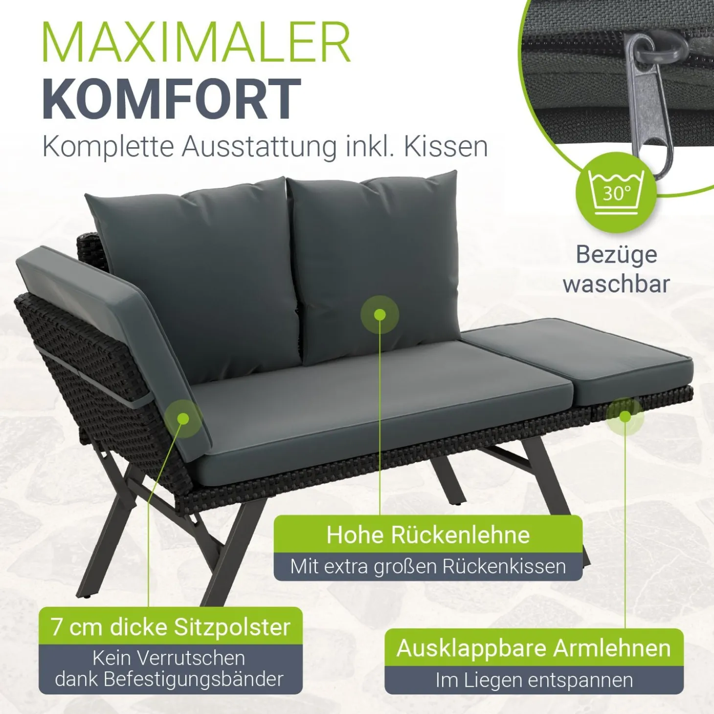 Polyrattan Multifunktionsbank Calvia Schwarz/Grau/Creme