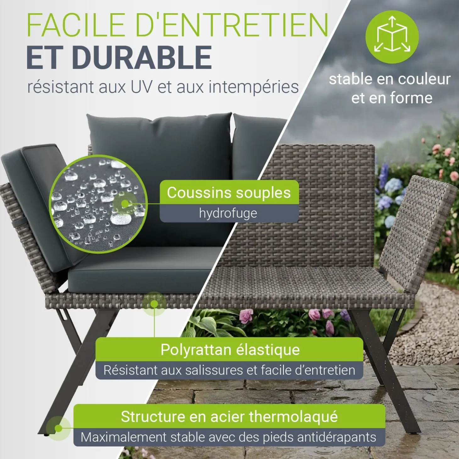 Polyrattan Multifunktionsbank Calvia Schwarz/Grau/Creme