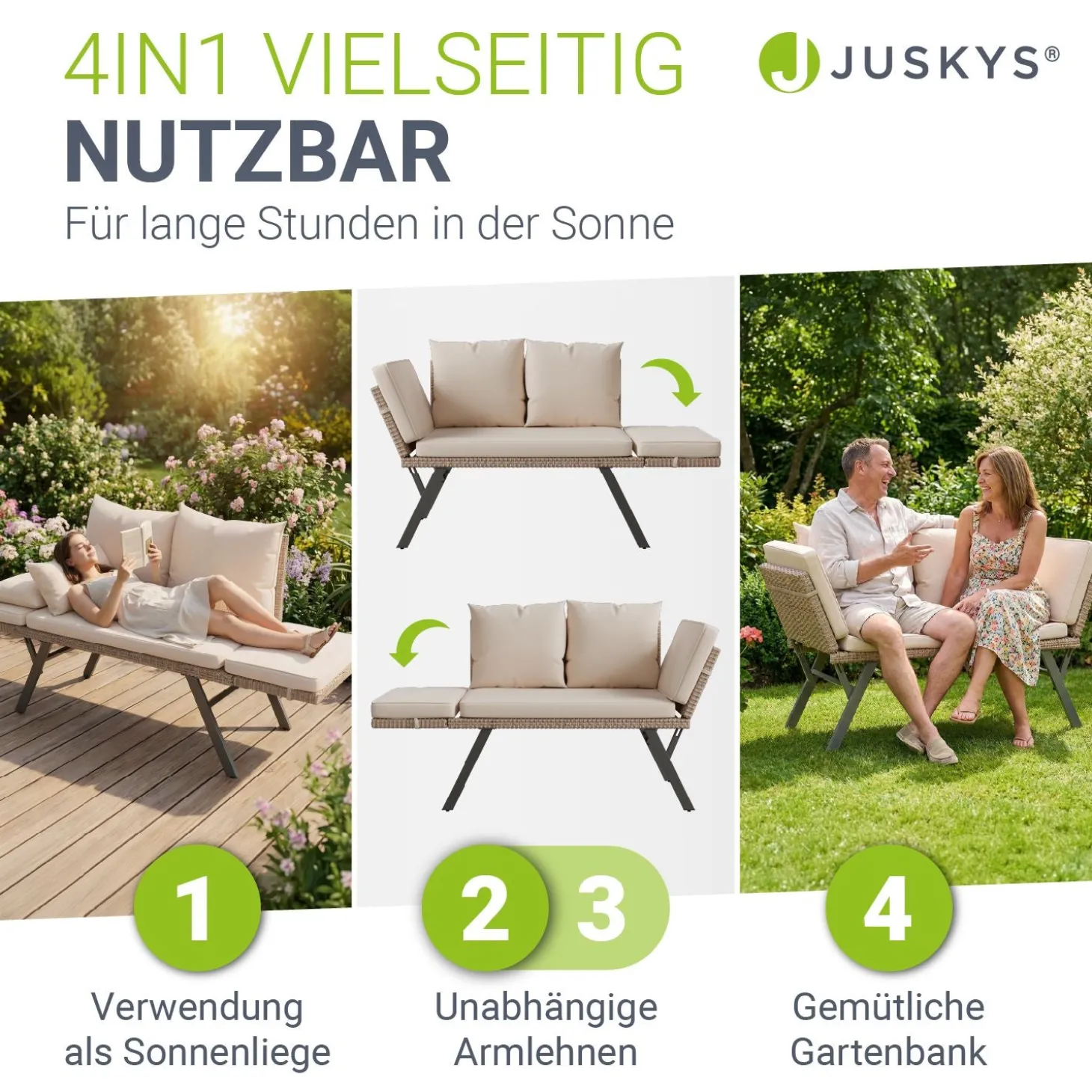 Polyrattan Multifunktionsbank Calvia Schwarz/Grau/Creme