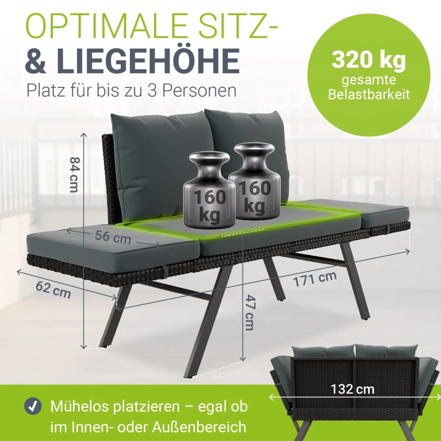 Polyrattan Multifunktionsbank Calvia Schwarz/Grau/Creme