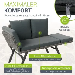 Polyrattan Multifunktionsbank Calvia Schwarz/Grau/Creme