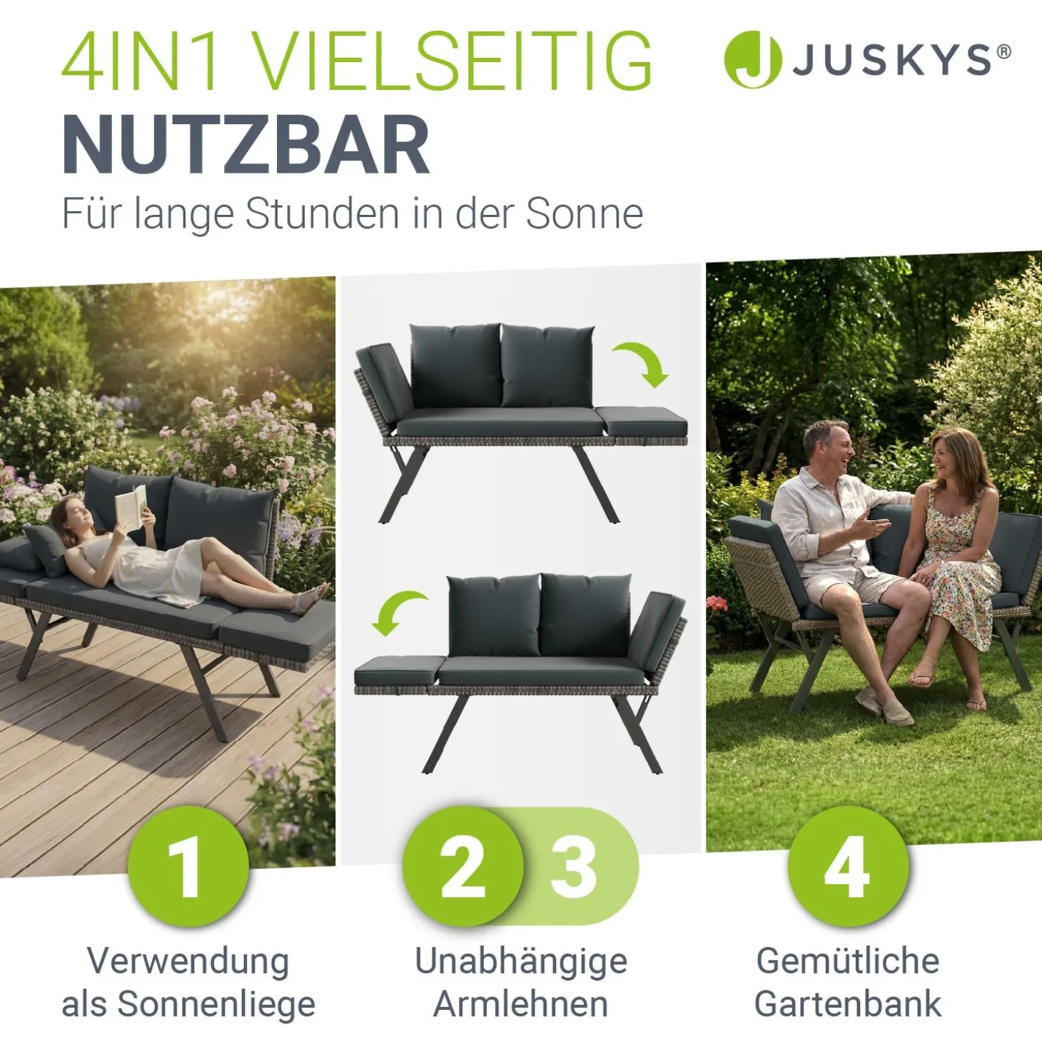 Polyrattan Multifunktionsbank Calvia Schwarz/Grau/Creme