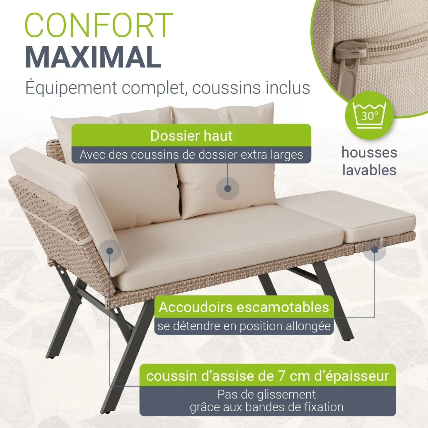 Polyrattan Multifunktionsbank Calvia Schwarz/Grau/Creme